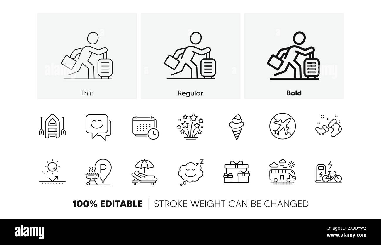 Feuerwerk-Stars, Grillplatz und Überraschungsboxen zeichnen Ikonen aus. Für Web-App drucken. Zeilensymbole. Vektor Stock Vektor