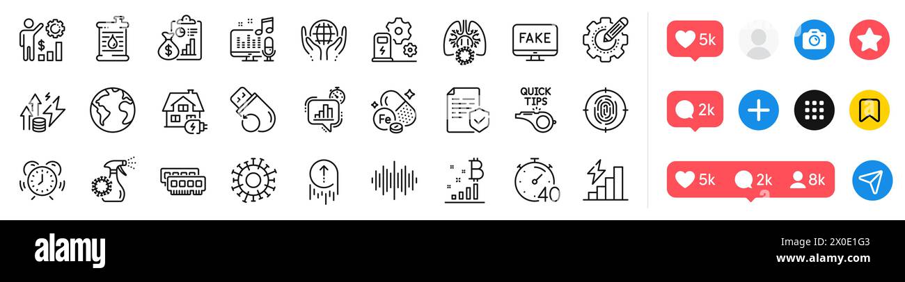 Schallwellen, Coronavirus-Lungen und Fingerprint-Linien-Symbole. Für Web-App. Social-Media-Symbole. Vektor Stock Vektor