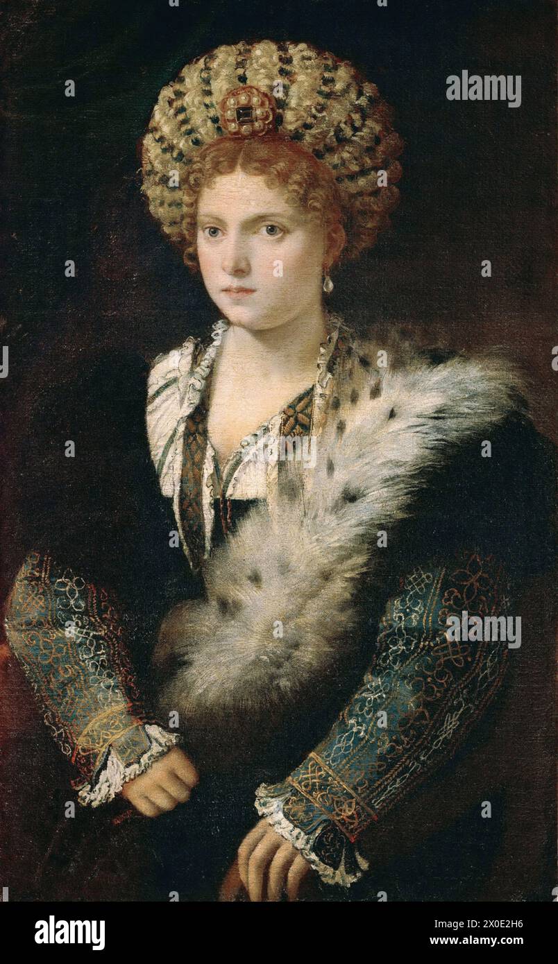 Isabella in Schwarz (auch Portrait of Isabella d’Este) ist ein Porträt einer jungen Frau von Tizian. Sie kann auf die 1530er Jahre datiert werden und befindet sich im Kunsthistorischen Museum in Wien. Stockfoto
