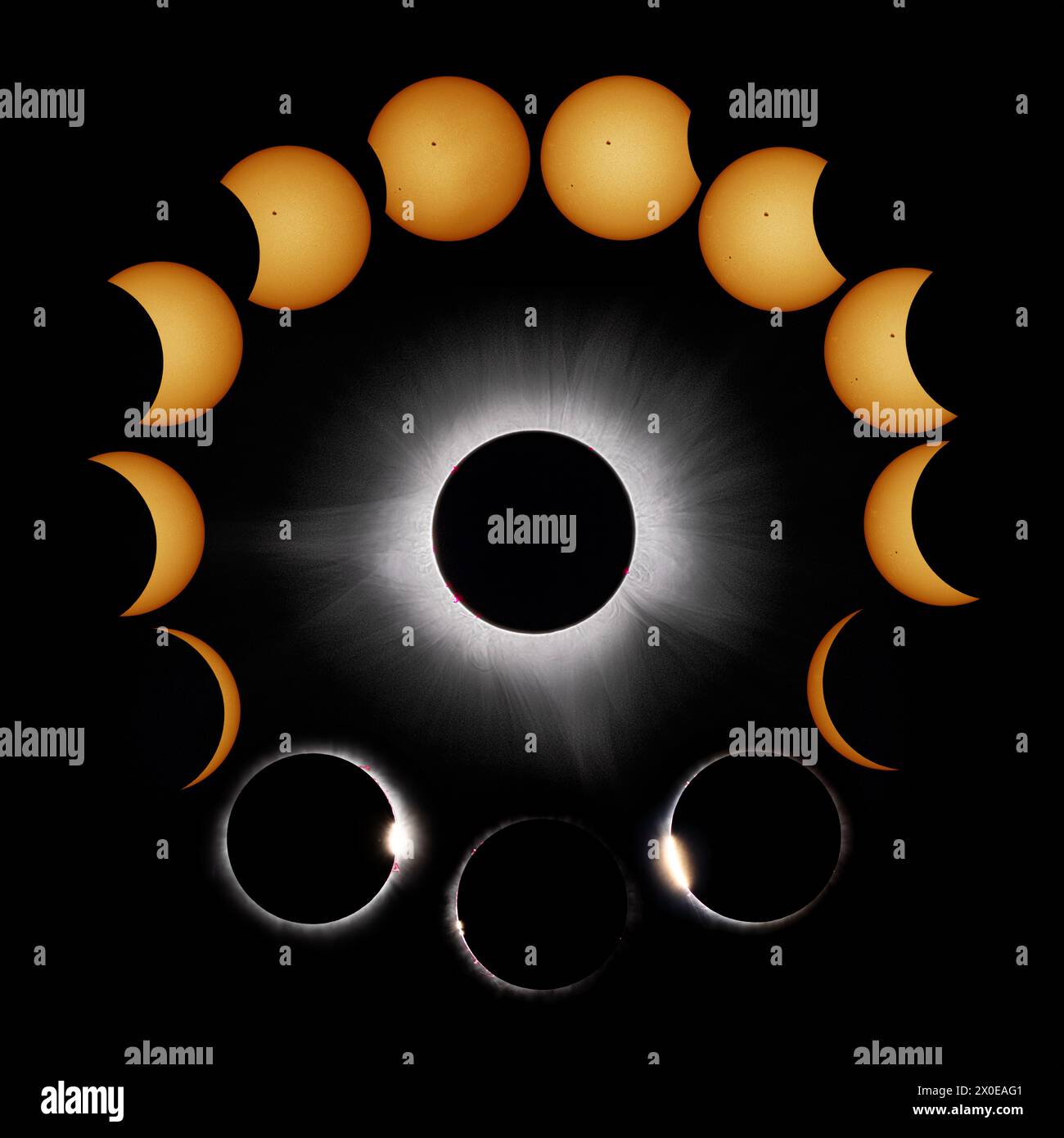 2024 Gesamt-Solar-Eclipse-Composite mit hoher Detailgenauigkeit der Photosphäre, Sonnenflecken, Diamantringe und Corona während der Totalität Stockfoto