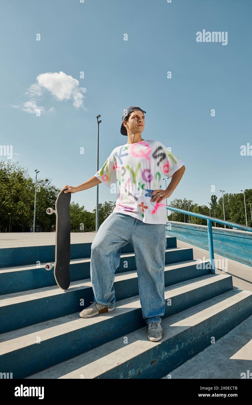 Ein junger Mann steht selbstbewusst auf einem Skateboard oben auf einer Treppe und bereitet sich auf den Abstieg vor. Stockfoto