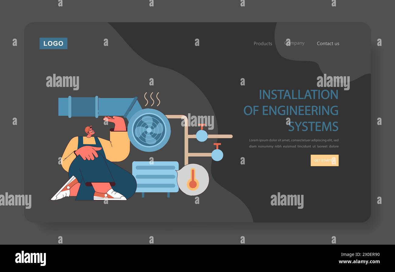 Installation von Engineering Systems Konzept. Ein professioneller Techniker stellt die HLK-Ausrüstung ein, um eine optimale Raumklimaregelung zu gewährleisten. Illustration des flachen Vektors Stock Vektor