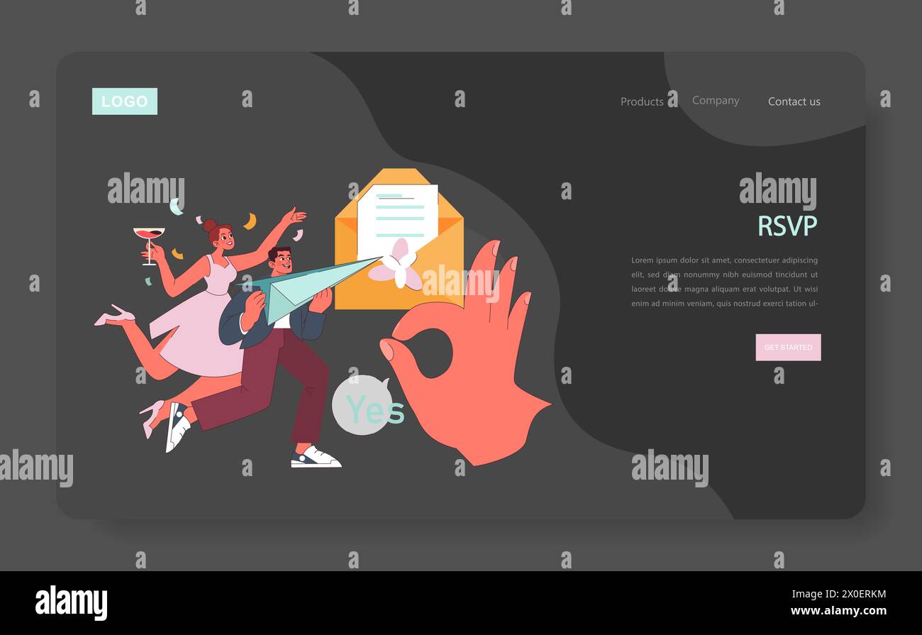 RSVP-Konzept. Ein begeistertes Paar reitet mit einem Papierflugzeug auf einen gigantischen Ja-RSVP-Umschlag zu. Die Einladung mit Zest annehmen. Abenteuer erwartet Sie. Illustration des flachen Vektors. Stock Vektor