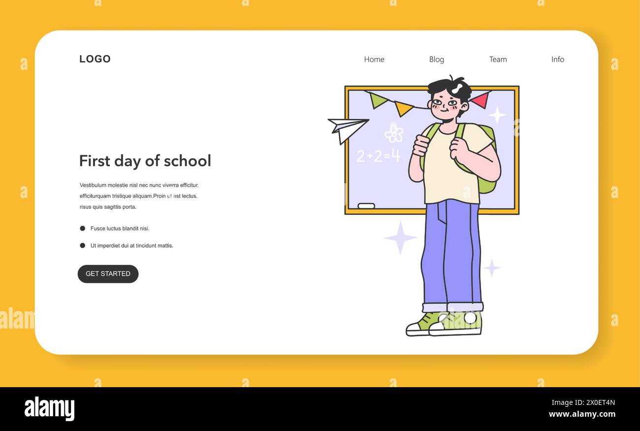 Webbanner oder Landing-Page am ersten Schultag. Junge mit Rucksack, der vor der Tafel steht. Lebensmeilensteine im Kindesalter. Kleiner Junge, der alt wird. Illustration des flachen Vektors Stock Vektor