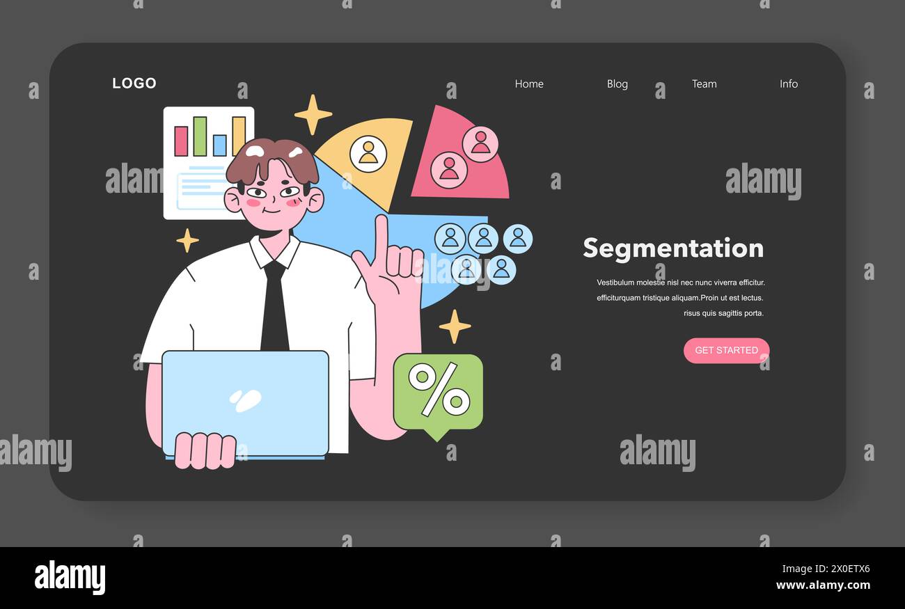 Konzept der Segmentierungsstrategie. Professionell mit einem Laptop, die Daten in verschiedene Segmente aufteilen, Diagramme im Hintergrund zeigen Benutzergruppen an. Effektive Marktaufteilung. Illustration des flachen Vektors. Stock Vektor