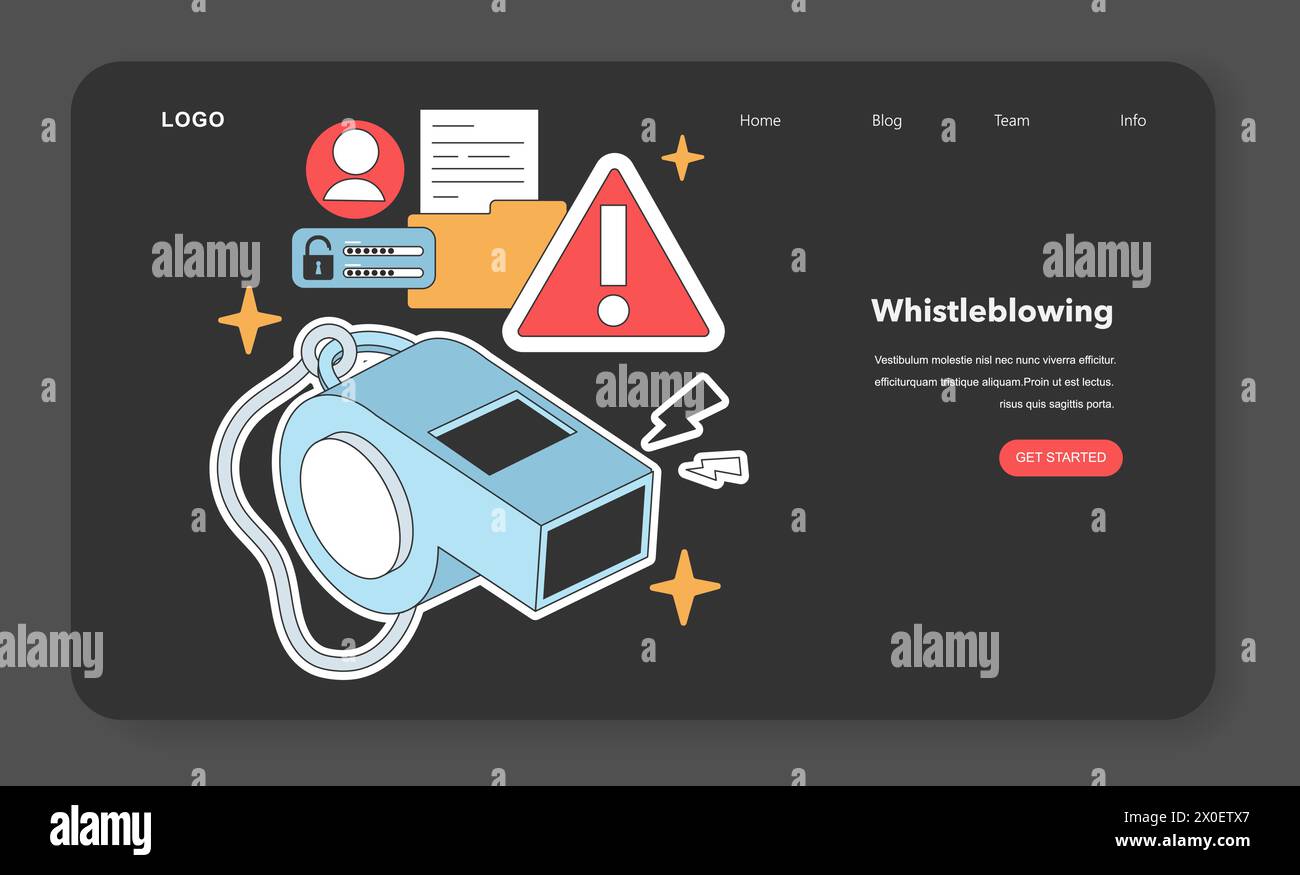 Anschauliches Konzept, das die Bedeutung von Whistleblowing im digitalen Zeitalter unterstreicht, mit Symbolen für Warnung, Dokumentensicherheit und Benutzervertraulichkeit. Illustration des flachen Vektors Stock Vektor