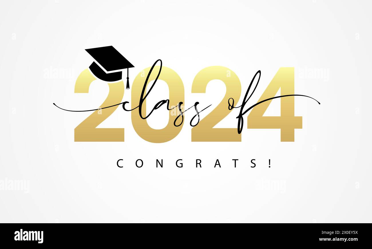 Klasse von 2024, herzlichen Glückwunsch! Schriftzug mit Logo. 2024 Zahl, herzlichen Glückwunsch Absolventen mit schwarzer quadratischer Graduierung Mörtelplatte. Vektorabbildung Stock Vektor