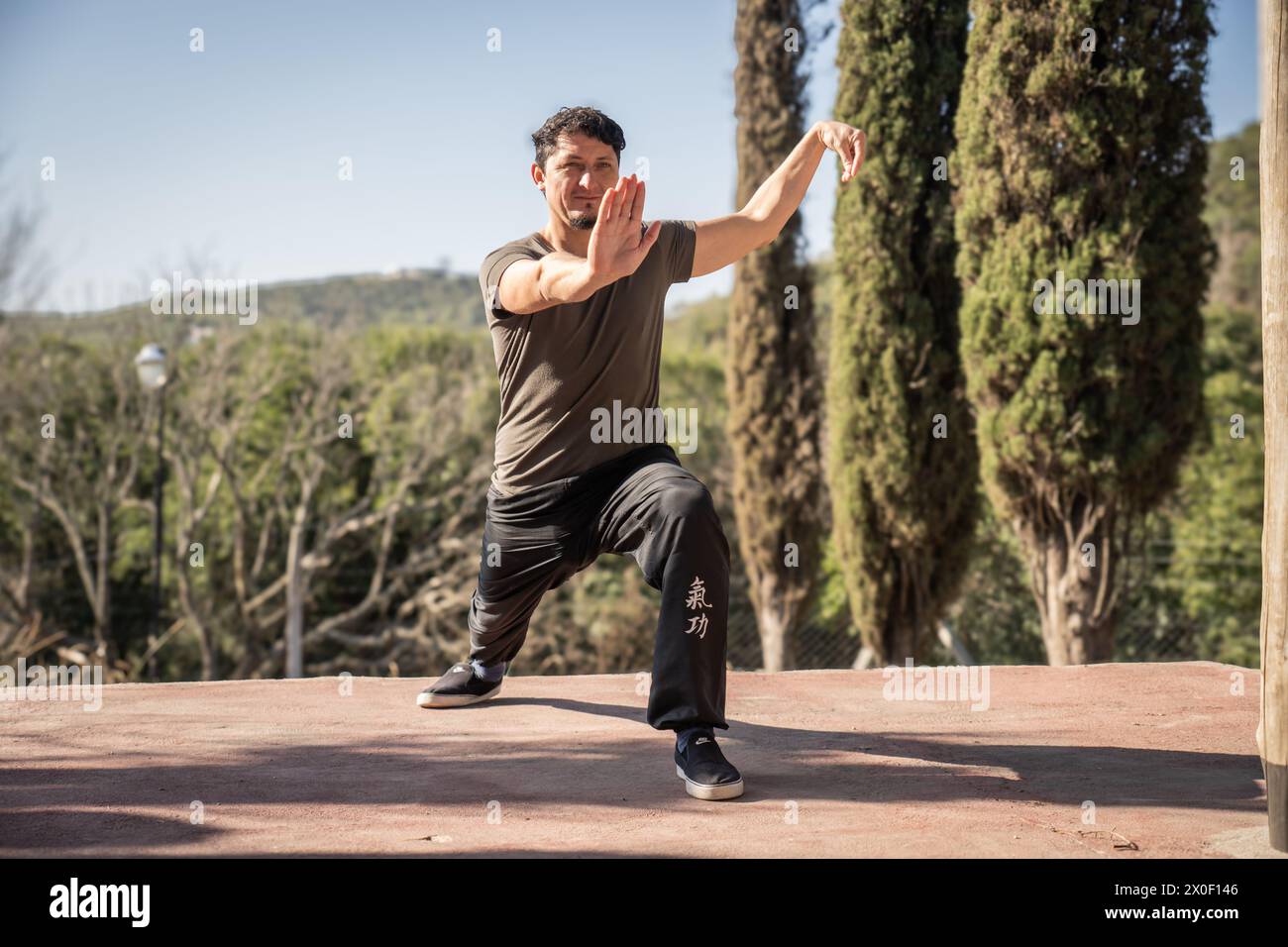 Ein Mann taucht in die Praxis von Kung Fu ein, einer chinesischen Kampfkunst, in die Haltung in Form von Xiao Ba Ji Quan in einer natürlichen Umgebung. Stockfoto