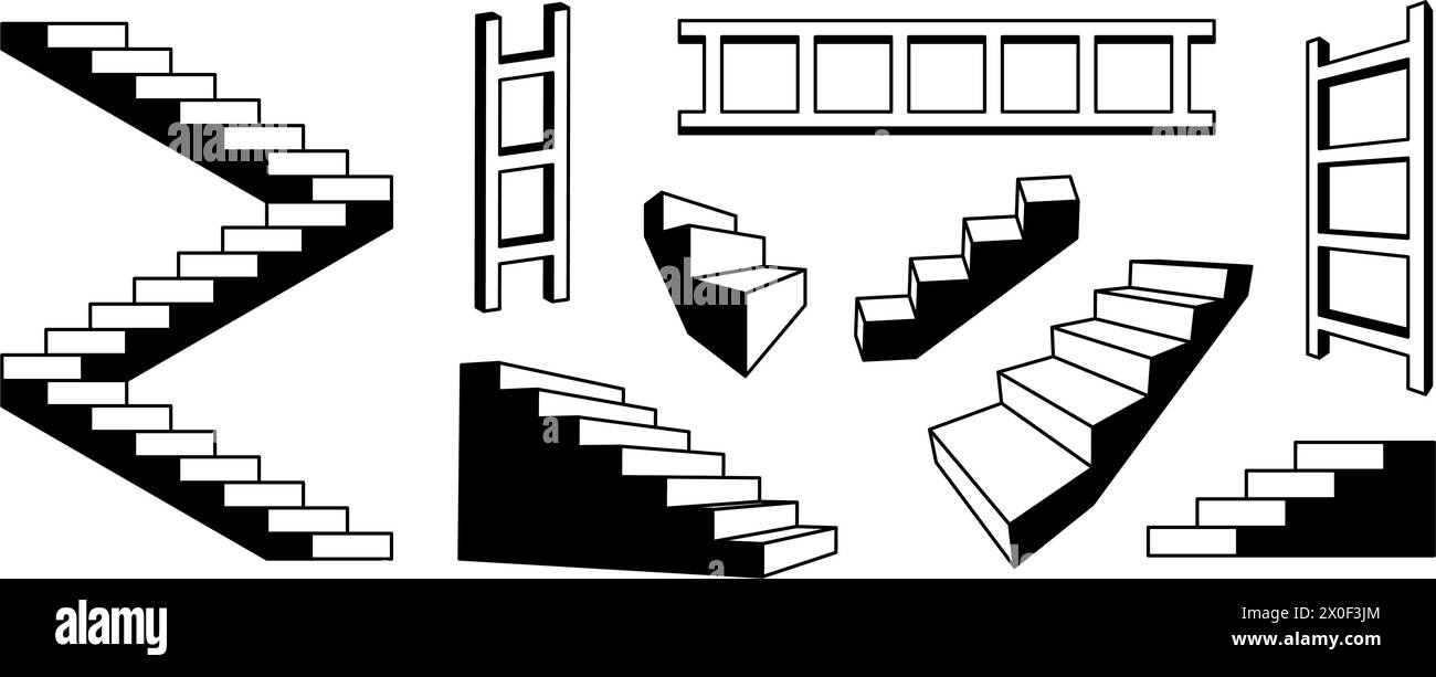 Lineare Treppen und Leitern. Schwarz-weiße surreal geometrische Elemente Kollektion. 3D-Stufen und Treppenhäuser bündeln. Architektur umrissen Formen für Collage, Poster, Banner. Vektorgrafik Stock Vektor