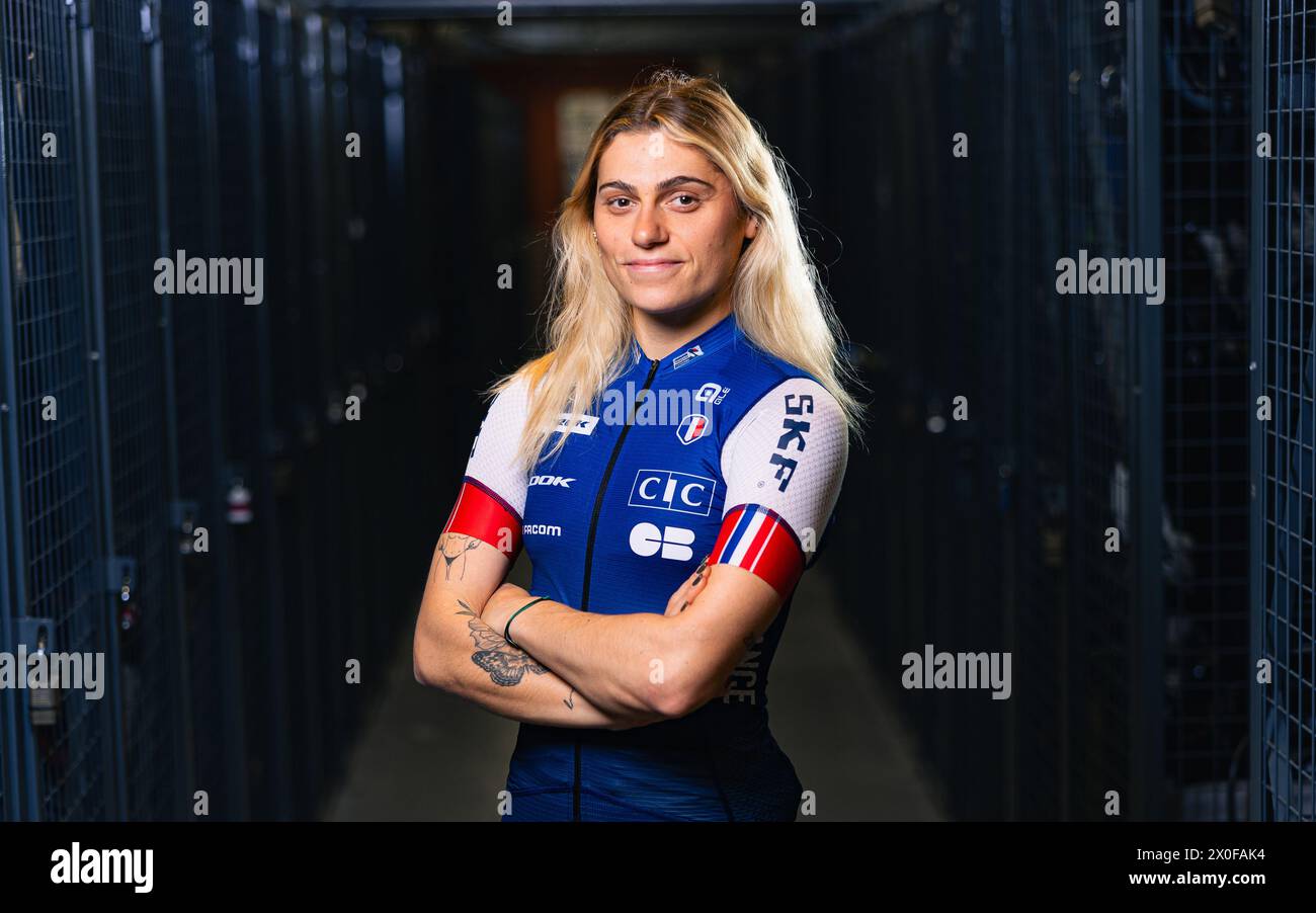Milton, Kanada. April 2024. Foto von Alex Whitehead/SWpix.com - 11/04/2024 - Radfahren - Tissot UCI Track Nations Cup - Runde 3: Milton - Mattamy National Cycling Centre, Milton, Ontario, Kanada - Clara Copponi aus Frankreich Credit: SWpix/Alamy Live News Stockfoto