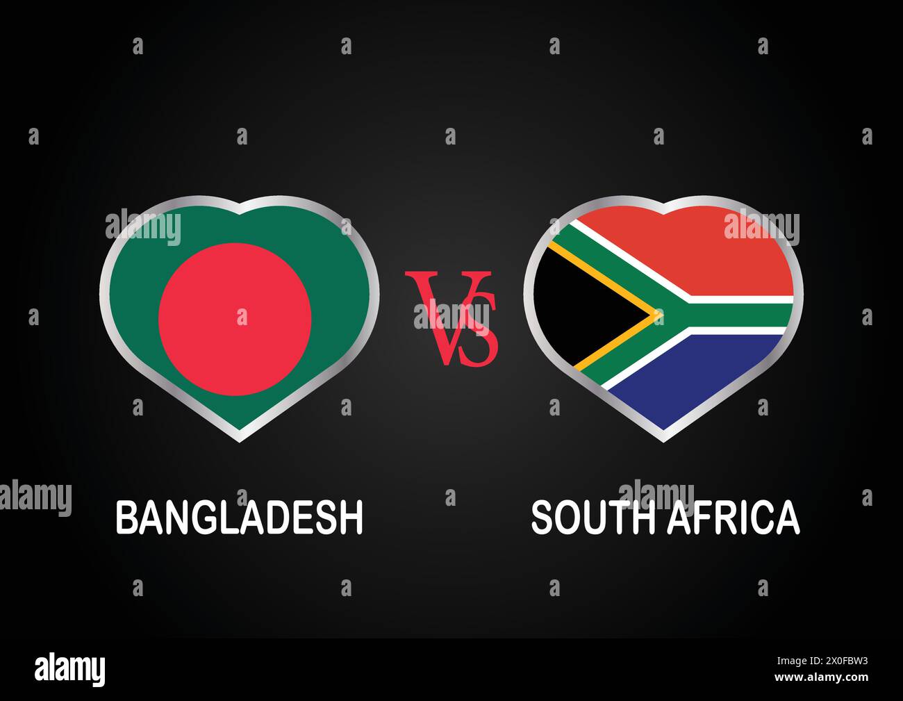 Bangladesch gegen Südafrika, Cricket-Match-Konzept mit kreativer Illustration der Flagge der Teilnehmerländer Batsman und Herzen isoliert auf Schwarz Stock Vektor