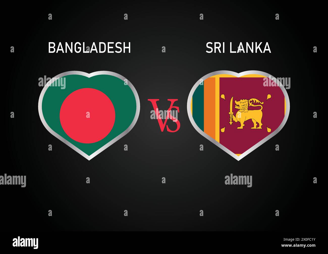 Bangladesch gegen Sri Lanka, Cricket-Match-Konzept mit kreativer Illustration der Flagge der Teilnehmerländer Schlagmann und Herzen isoliert auf Schwarz Stock Vektor