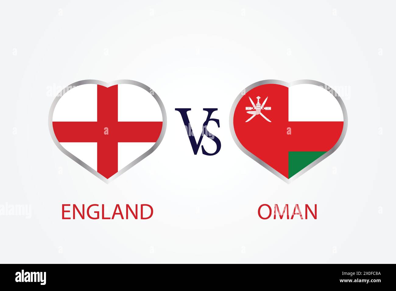 England gegen Oman, Cricket Match-Konzept mit kreativer Illustration der Flagge der Teilnehmerländer Schlagmann und Hearts isoliert auf weißem Hintergrund Stock Vektor