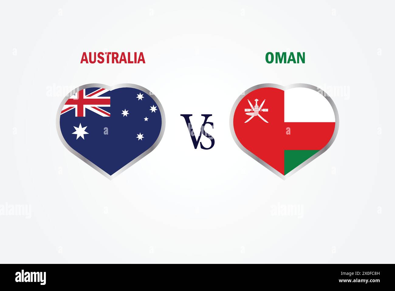 Australien gegen Oman, Cricket Match-Konzept mit kreativer Illustration der Flagge der Teilnehmerländer Schlagmann und Hearts isoliert auf weißem Hintergrund Stock Vektor