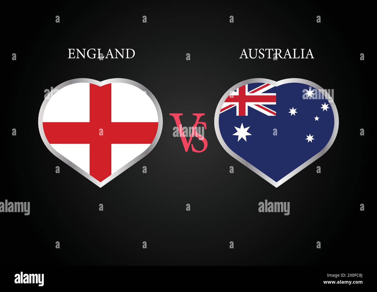 England gegen Australien, Cricket-Match-Konzept mit kreativer Illustration der Flagge der Teilnehmerländer Schlagmann und Hearts isoliert auf schwarzem Hintergrund Stock Vektor