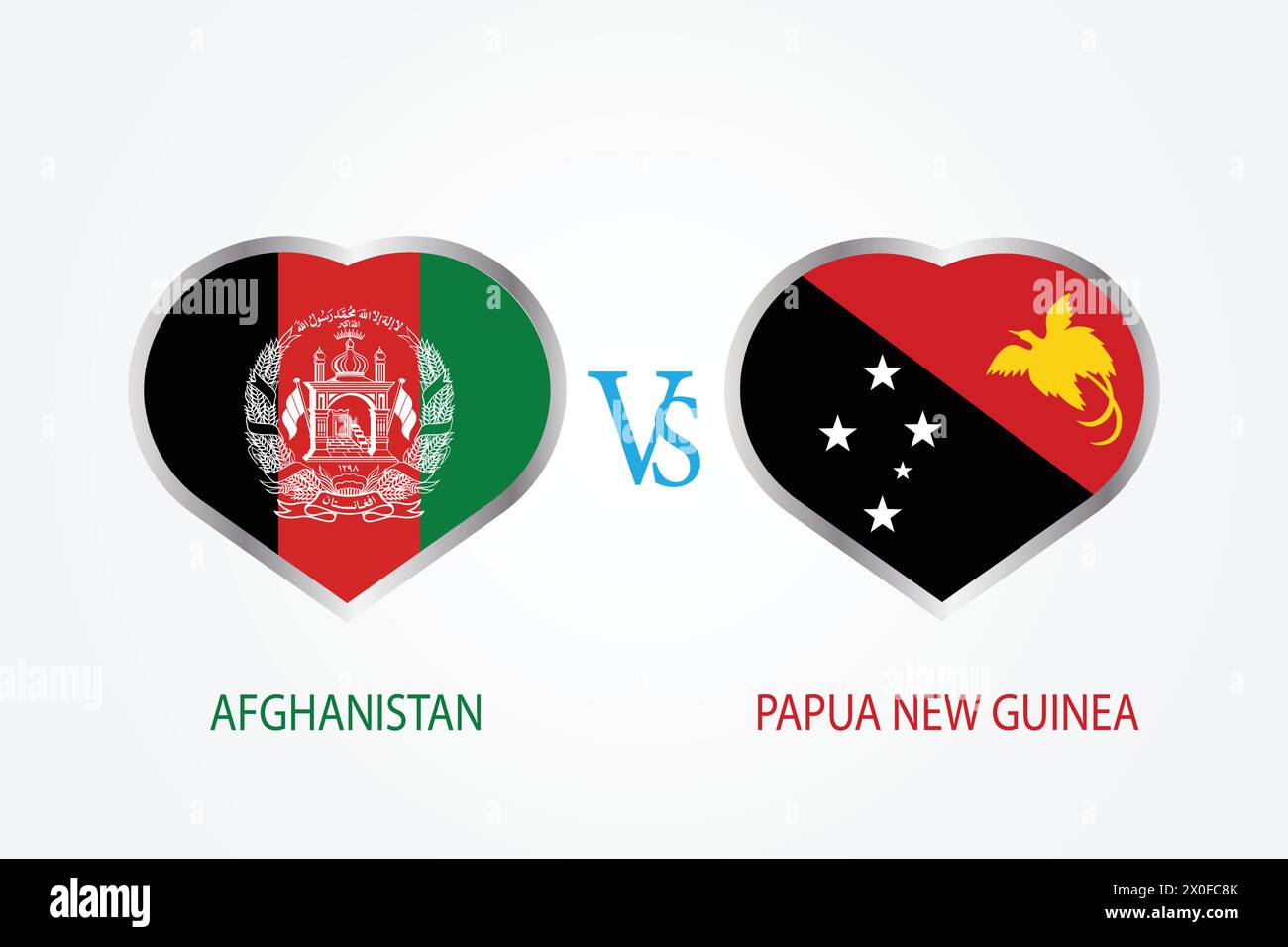 Afghanistan vs Papua-Neuguinea, Cricket-Match-Konzept mit kreativer Illustration der Flagge der Teilnehmerländer Schlagmann und Herzen isoliert auf weiß Stock Vektor