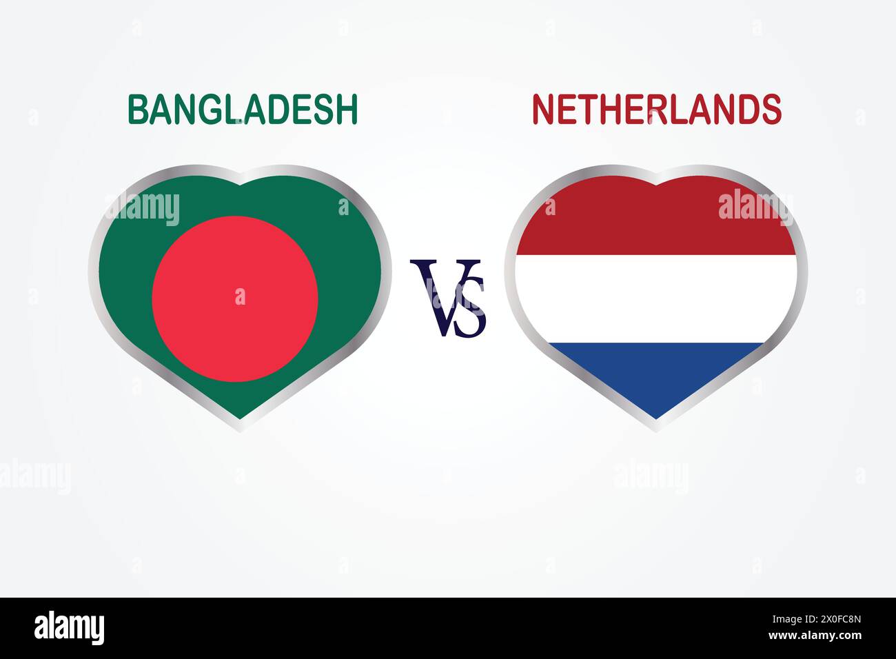 Bangladesch gegen Niederlande, Cricket-Match-Konzept mit kreativer Illustration der Flagge der Teilnehmerländer Schlagmann und Herzen isoliert auf weiß Stock Vektor