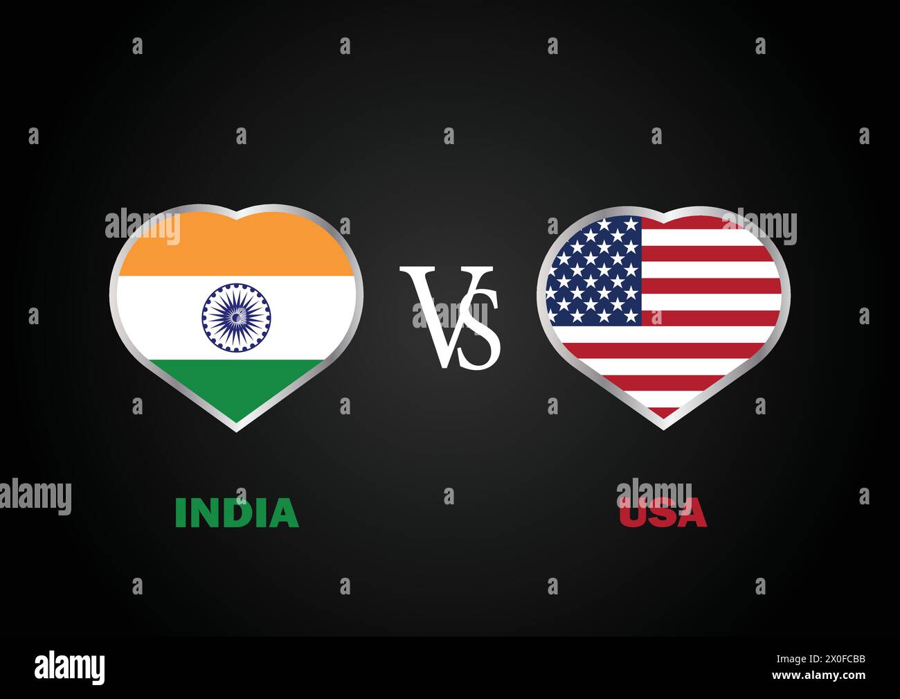 Indien gegen USA, Cricket-Match-Konzept mit kreativer Illustration der Flagge der Teilnehmerländer Schlagmann und Hearts isoliert auf schwarzem Hintergrund Stock Vektor