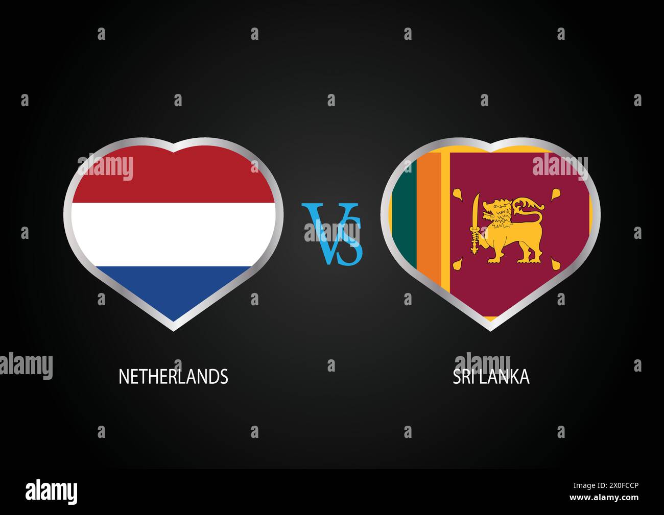 Niederlande gegen Sri Lanka, Cricket-Match-Konzept mit kreativer Illustration der Flagge der Teilnehmerländer Schlagmann und Hearts isoliert auf Schwarz Stock Vektor