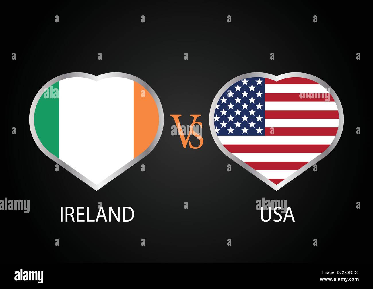 Irland gegen USA, Cricket-Match-Konzept mit kreativer Illustration der Flagge der Teilnehmerländer Schlagmann und Hearts isoliert auf schwarzem Hintergrund Stock Vektor