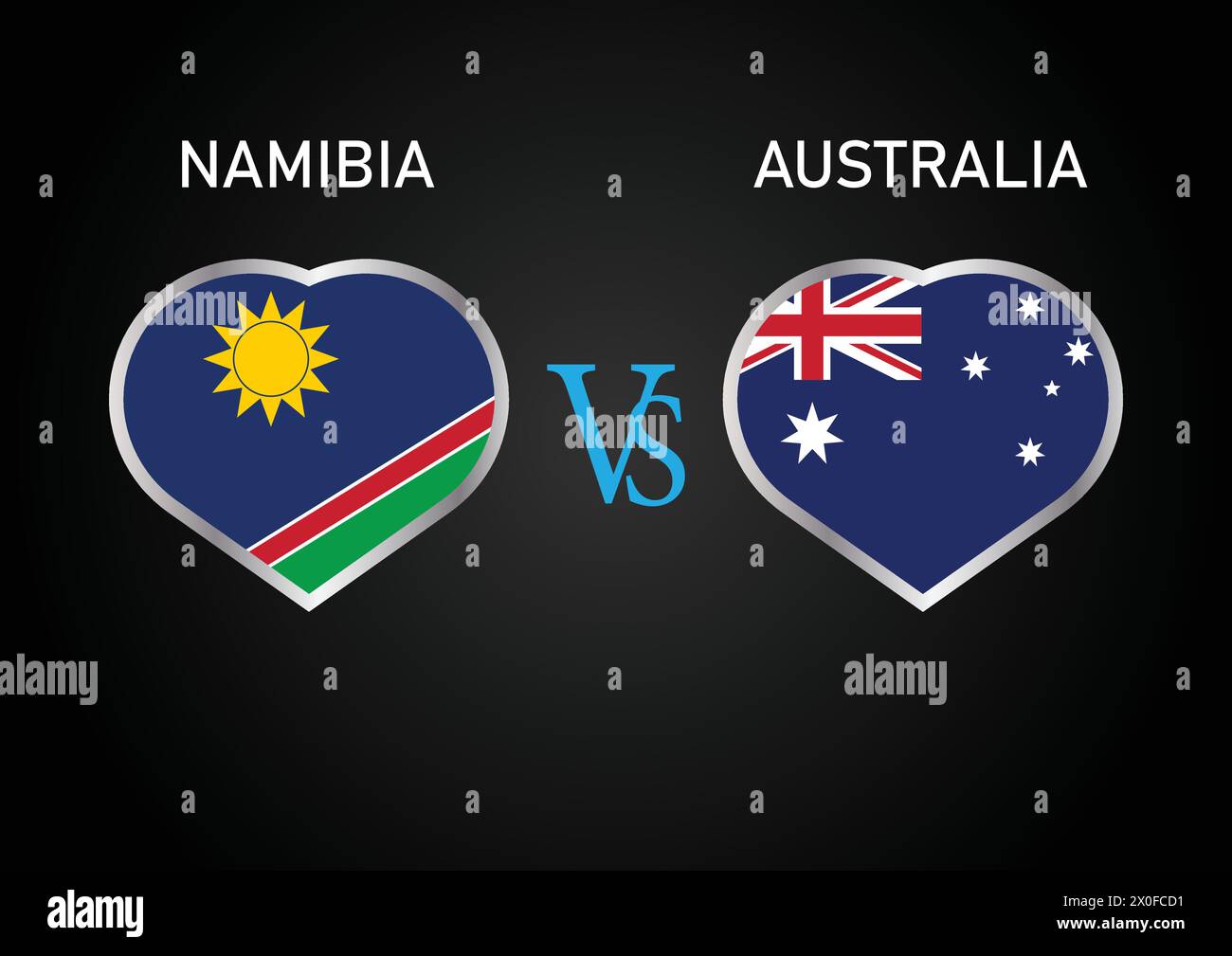 Namibia US Australien, Cricket Match Konzept mit kreativer Illustration der Flagge der Teilnehmerländer Schlagmann und Herzen isoliert auf schwarzem Hintergrund Stock Vektor