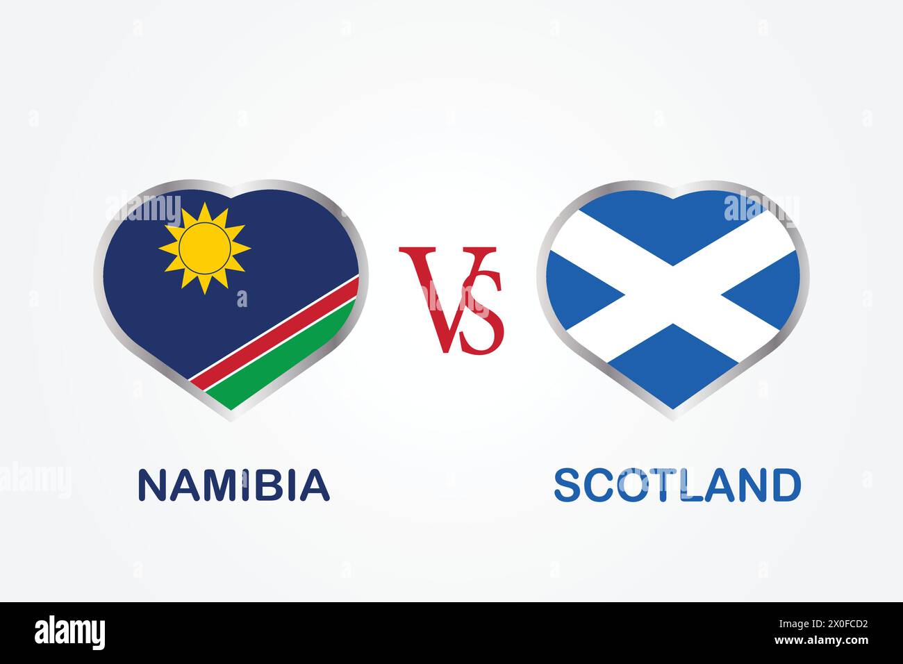 Namibia vs. Schottland, Cricket Match Konzept mit kreativer Illustration der Flagge der Teilnehmerländer Schlagmann und Herzen isoliert auf weißem Hintergrund Stock Vektor