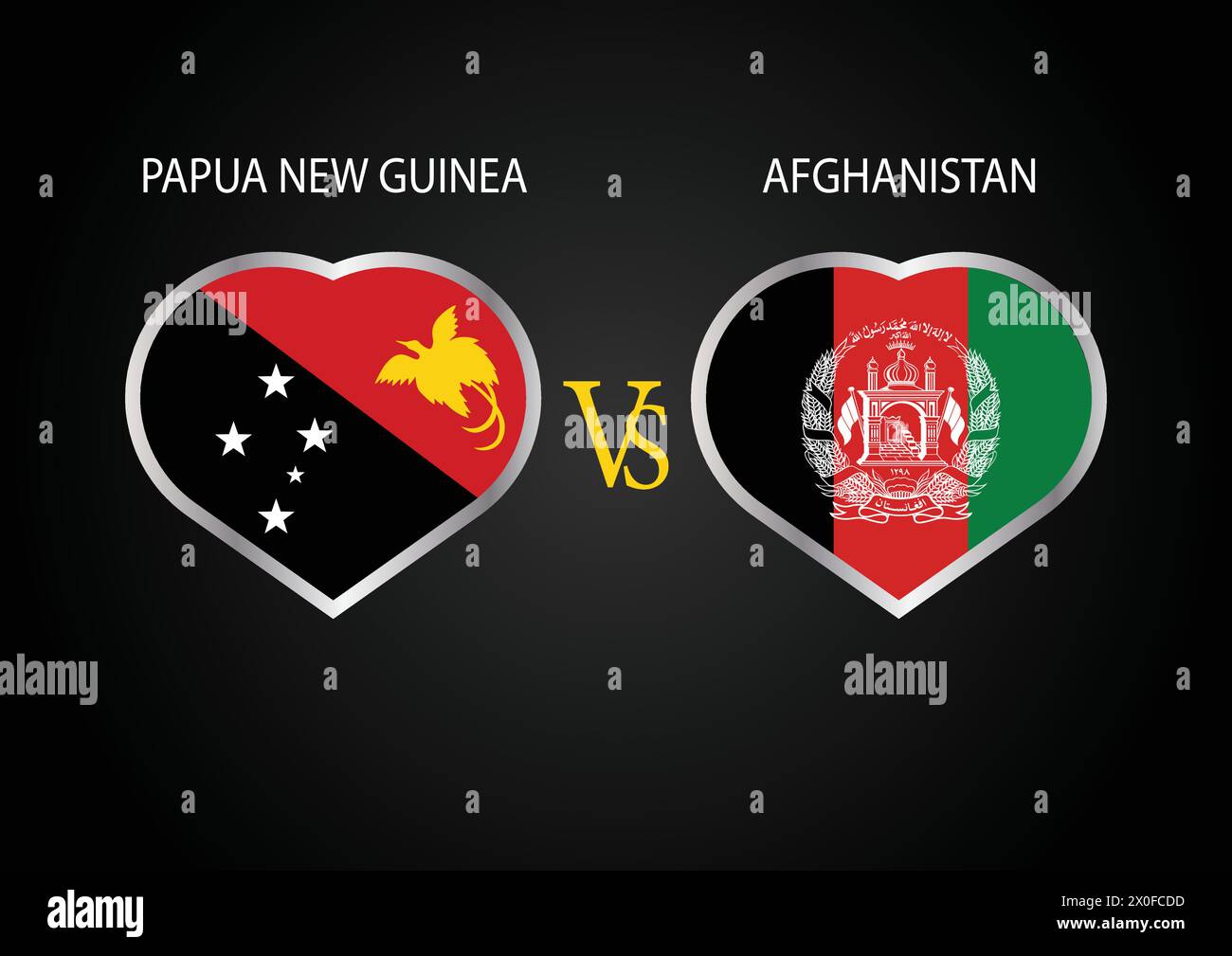 Papua-Neuguinea gegen Afghanistan, Cricket-Match-Konzept mit kreativer Illustration der Flagge der Teilnehmerländer Schlagmann und Herzen isoliert auf Schwarz Stock Vektor