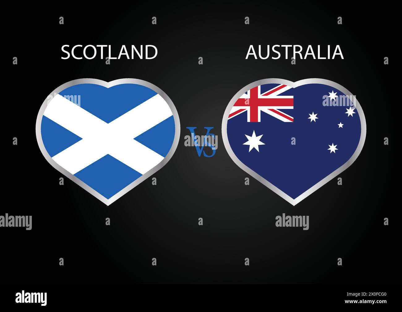 Schottland gegen Australien, Cricket-Match-Konzept mit kreativer Illustration der Flagge der Teilnehmerländer Schlagmann und Hearts isoliert auf schwarzem Hintergrund Stock Vektor