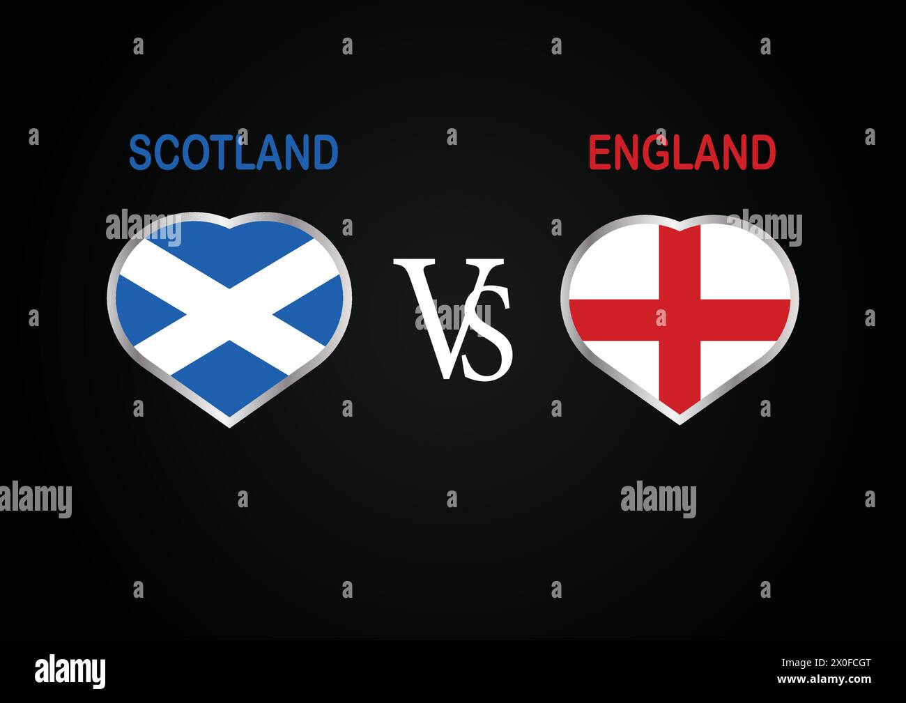 Schottland gegen England, Cricket-Match-Konzept mit kreativer Illustration der Flagge der Teilnehmerländer Schlagmann und Hearts isoliert auf schwarzem Hintergrund Stock Vektor