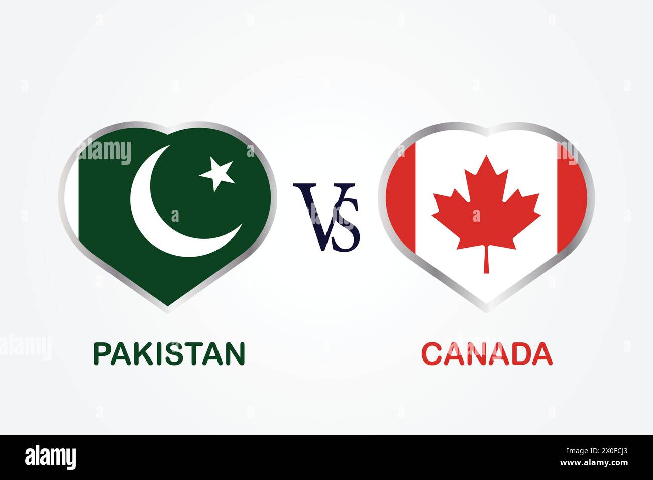 Pakistan vs. Kanada, Cricket Match Konzept mit kreativer Illustration der Flagge der Teilnehmerländer Schlagmann und Herzen isoliert auf weißem Hintergrund Stock Vektor