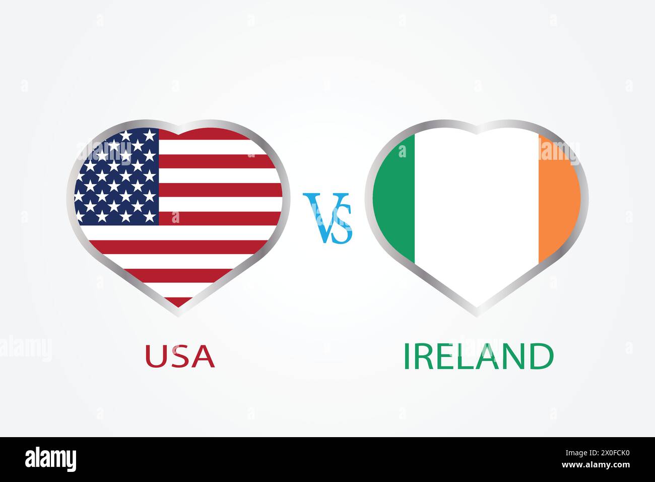 USA vs. Irland, Cricket Match-Konzept mit kreativer Illustration der Flagge der Teilnehmerländer Schlagmann und Hearts isoliert auf weißem Hintergrund Stock Vektor