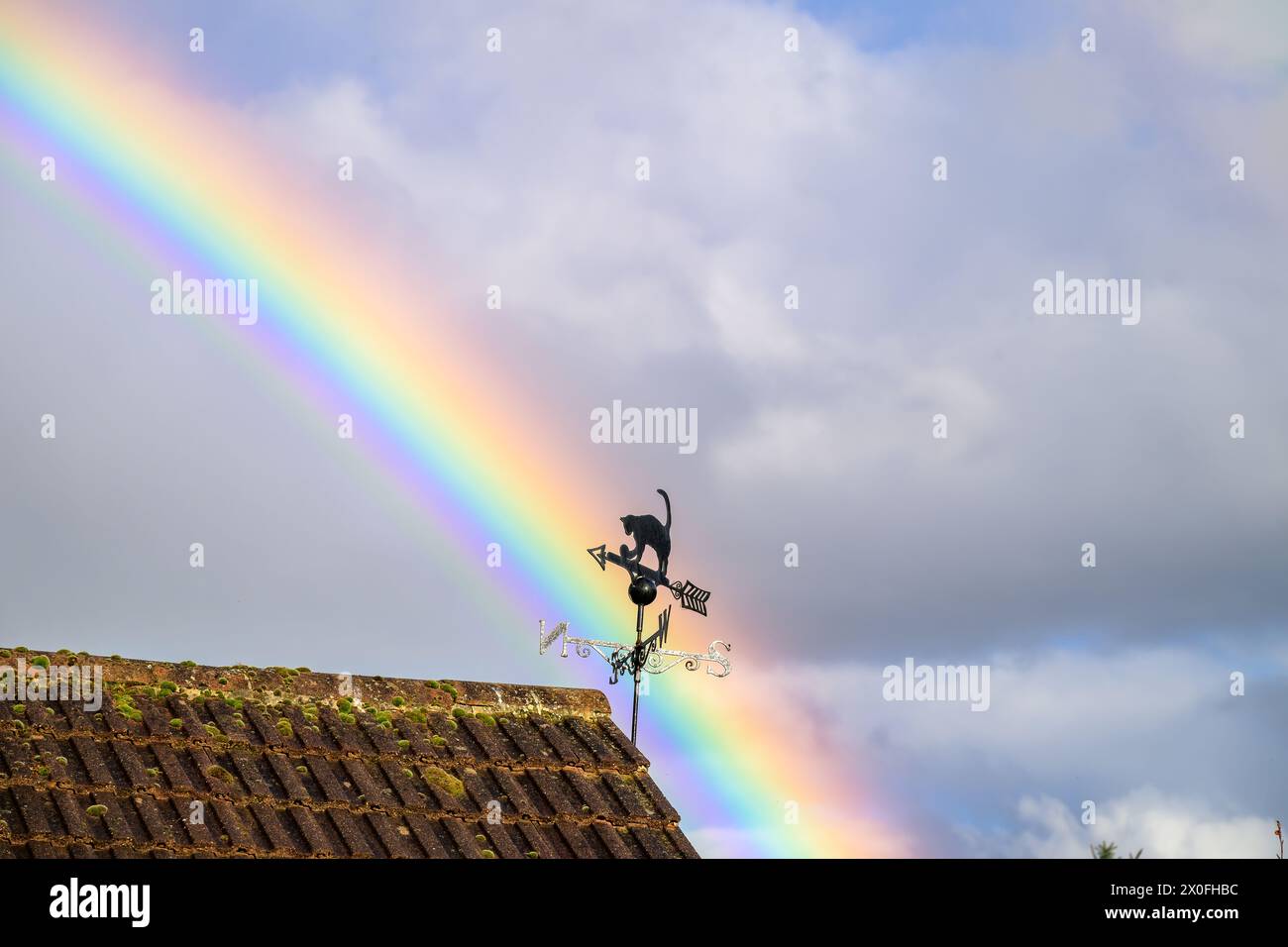 Ein Teil eines Regenbogens, der hinter einer schwarzen Katze auf einem alten Dachgebäude glitzert Stockfoto
