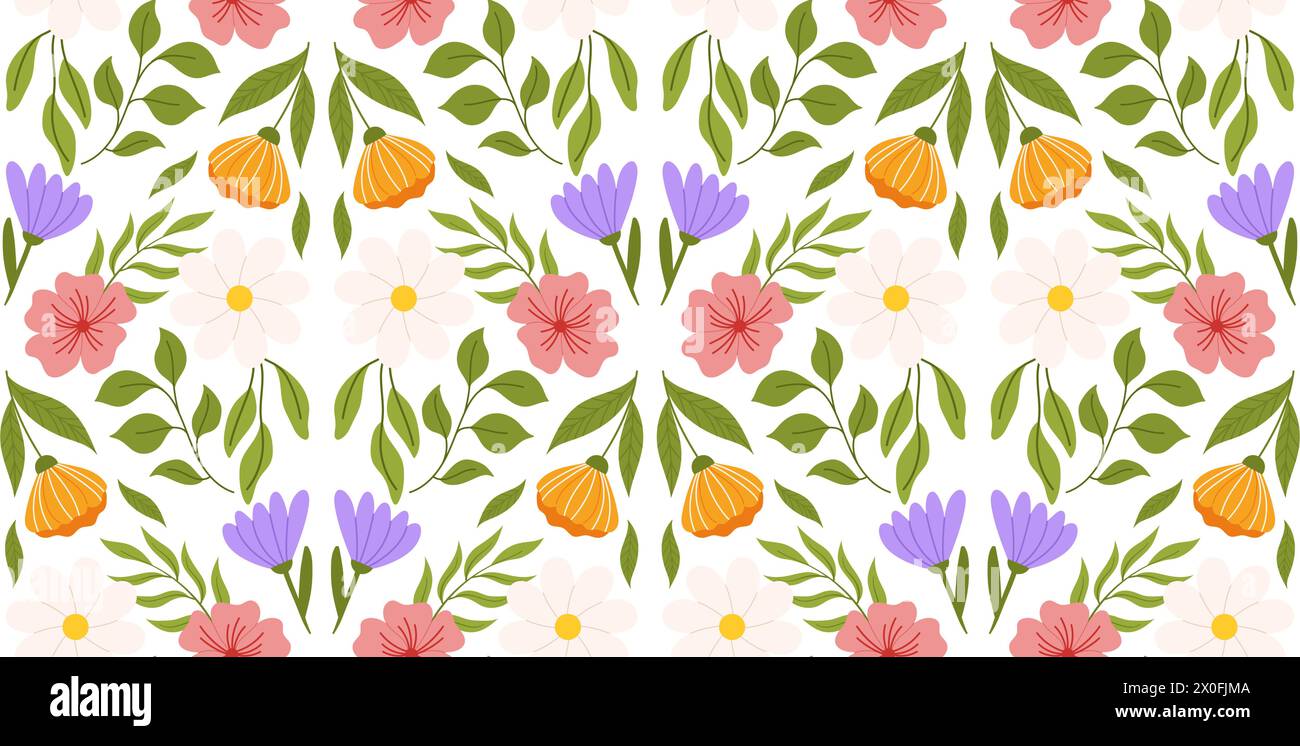 Durchgehendes Muster mit Blumenelementen. Botanisch inspiriertes, sich wiederholendes Design mit lilafarbenen, orangen und weißen Blüten, rosa Kirschblüten, verschiedenen Sorten Stock Vektor