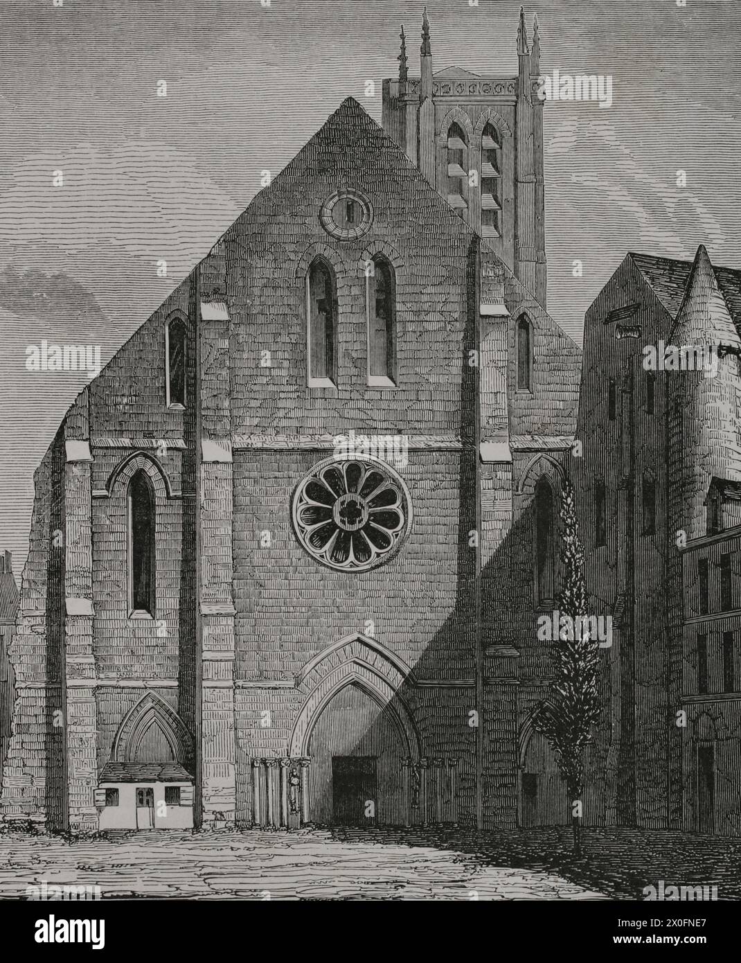 Paris, Frankreich. Fassade der ehemaligen Kirche der Abtei Saint Genevieve. Gegründet von Clovis I. um 502, wurde es zwischen dem 11. Und 13. Jahrhundert umgebaut. Blick auf das Gebäude vor seiner Zerstörung kurz nach 1800. Gravur. "Moeurs, usages et Kostüumes au moyen-âge et à l'époque de la Renaissance" von Paul Lacroix. Paris, 1878. Stockfoto