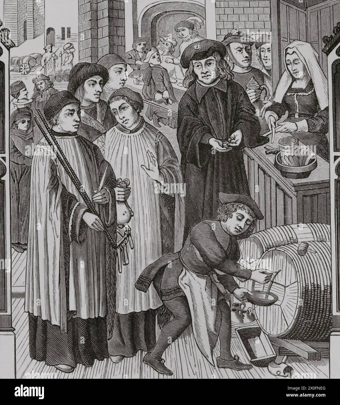 Gebühren für Weine, Privileg, das König Chilperic dem Kapitel von Tournai gewährt hat. Zwei Geistliche, einer trägt die Messbecher und der andere eine Stange, um die Fässer zu messen. Stich nach einem Buntglas der Kathedrale Notre Dame von Tournai, 15. Jahrhundert. "Moeurs, usages et Kostüumes au moyen-âge et à l'époque de la Renaissance" von Paul Lacroix. Paris, 1878. Stockfoto