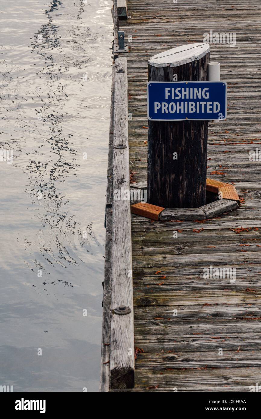 Schild „Fishing verbots“ auf dem Holzdock am See Stockfoto