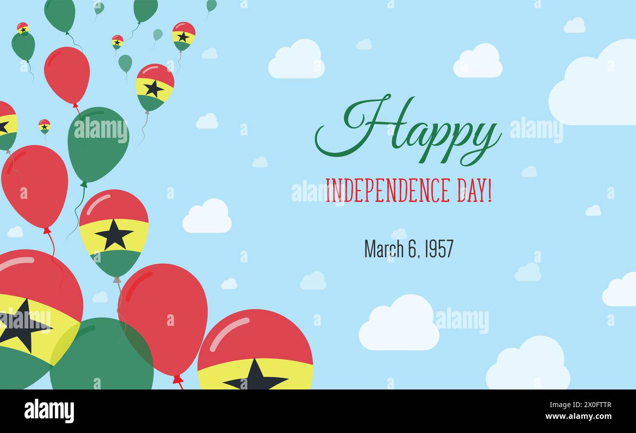 Ghanaischer Unabhängigkeitstag – Funkelndes Patriotisches Poster. Ballonreihe in den Farben der ghanaischen Flagge. Grußkarte mit Nationalflaggen, Blauen Skyes und C Stock Vektor