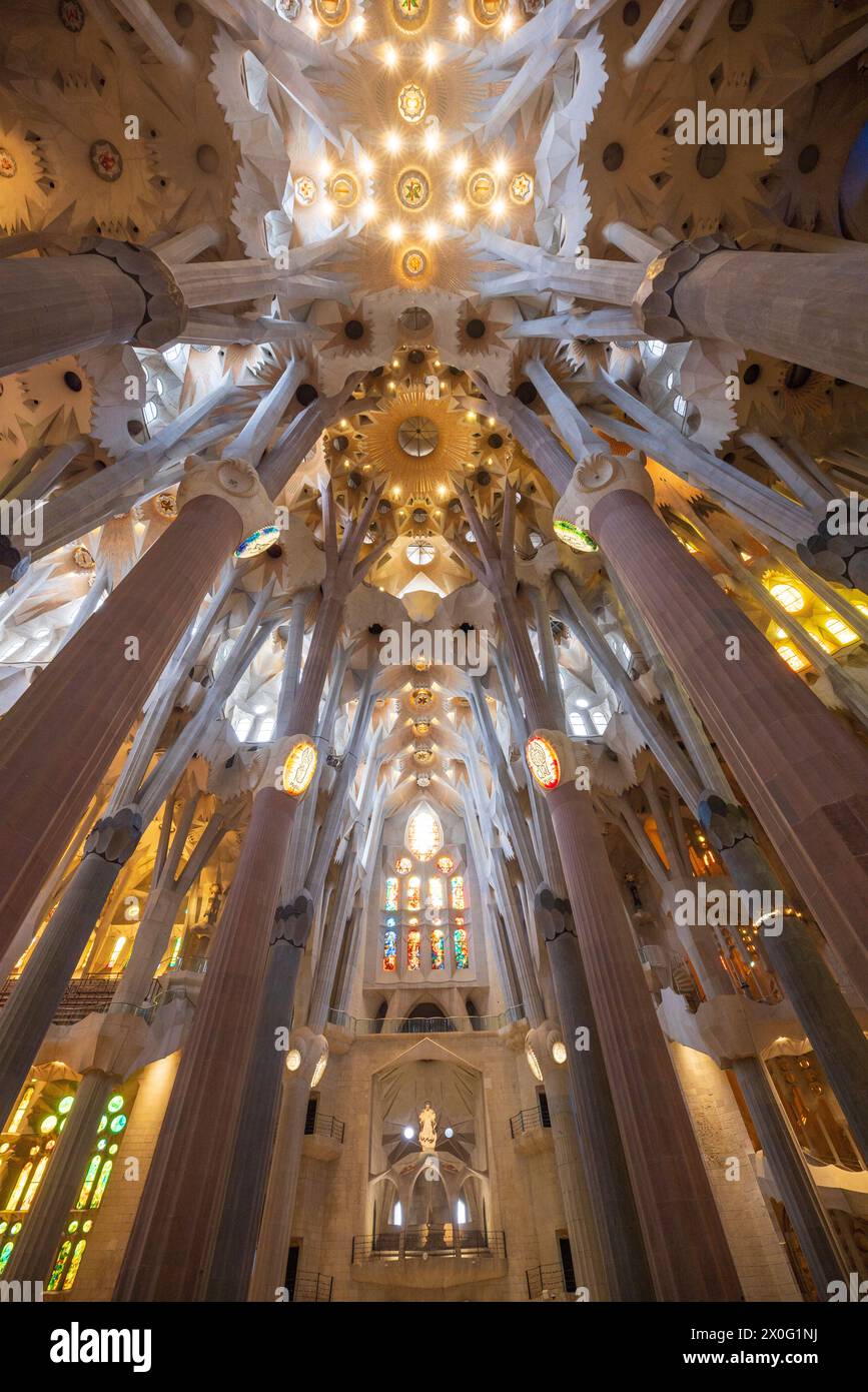 Das kunstvolle Innere der Sagrada Familia, Barcelona, Katalonien, Spanien Stockfoto