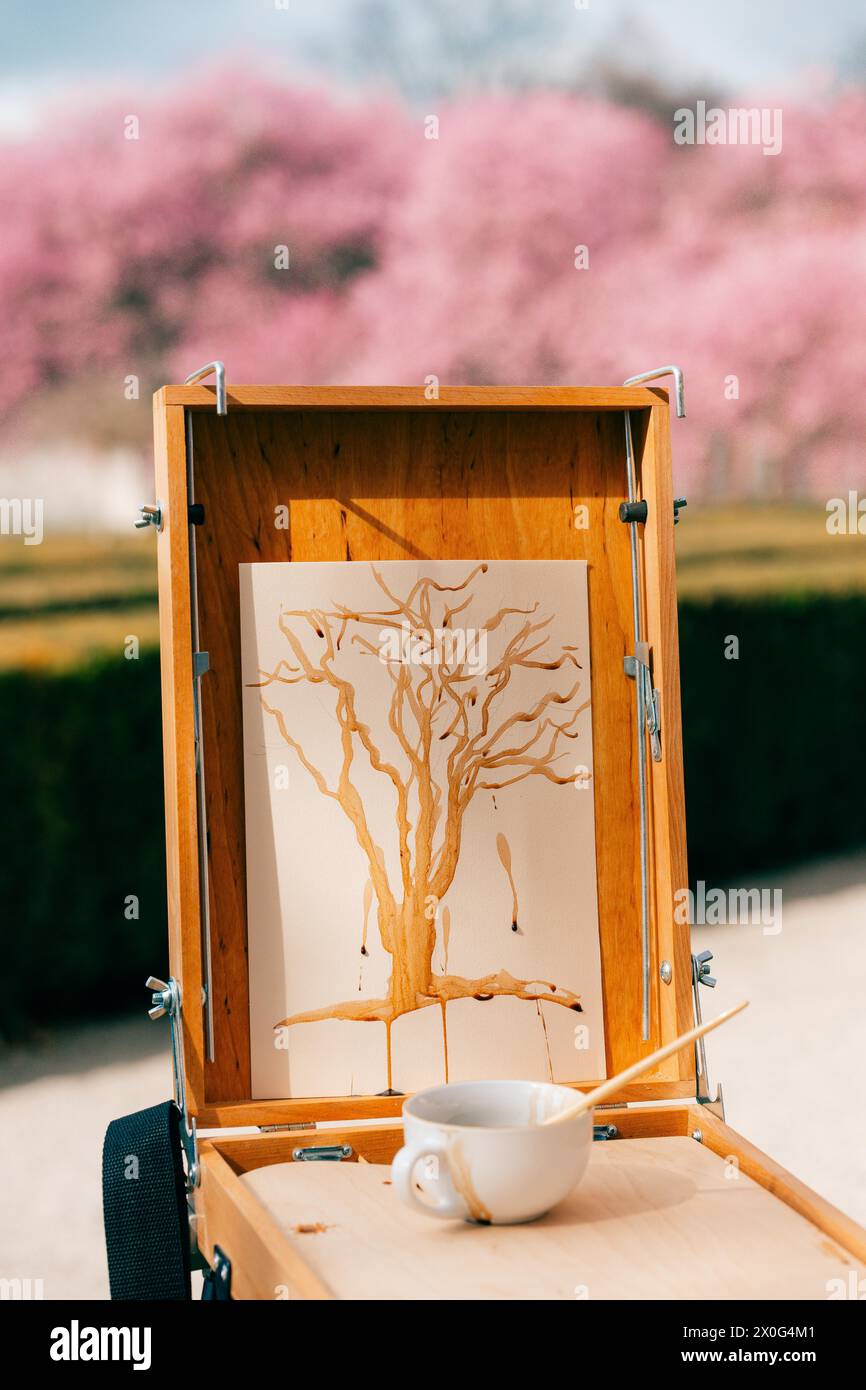 Kaffee malen, einen Baum auf einer Staffelei im Garten malen Stockfoto