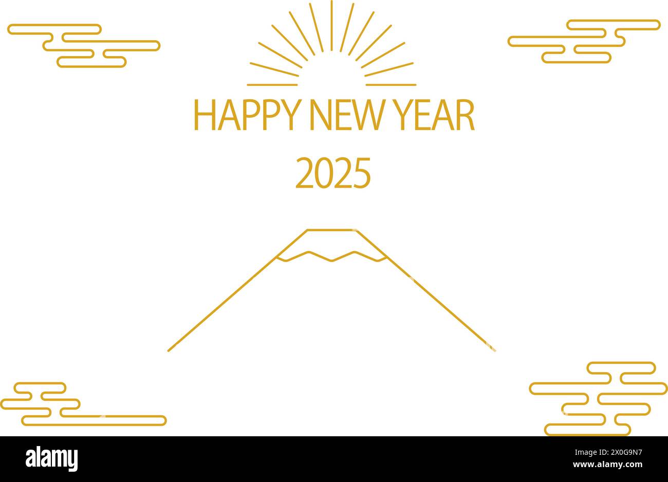 Neujahrskarte im japanischen Stil für 2025, einfache Linienzeichnung des Mt. Fuji und der erste Sonnenaufgang des Jahres - Übersetzung: Vielen Dank auch in diesem Jahr. Stock Vektor