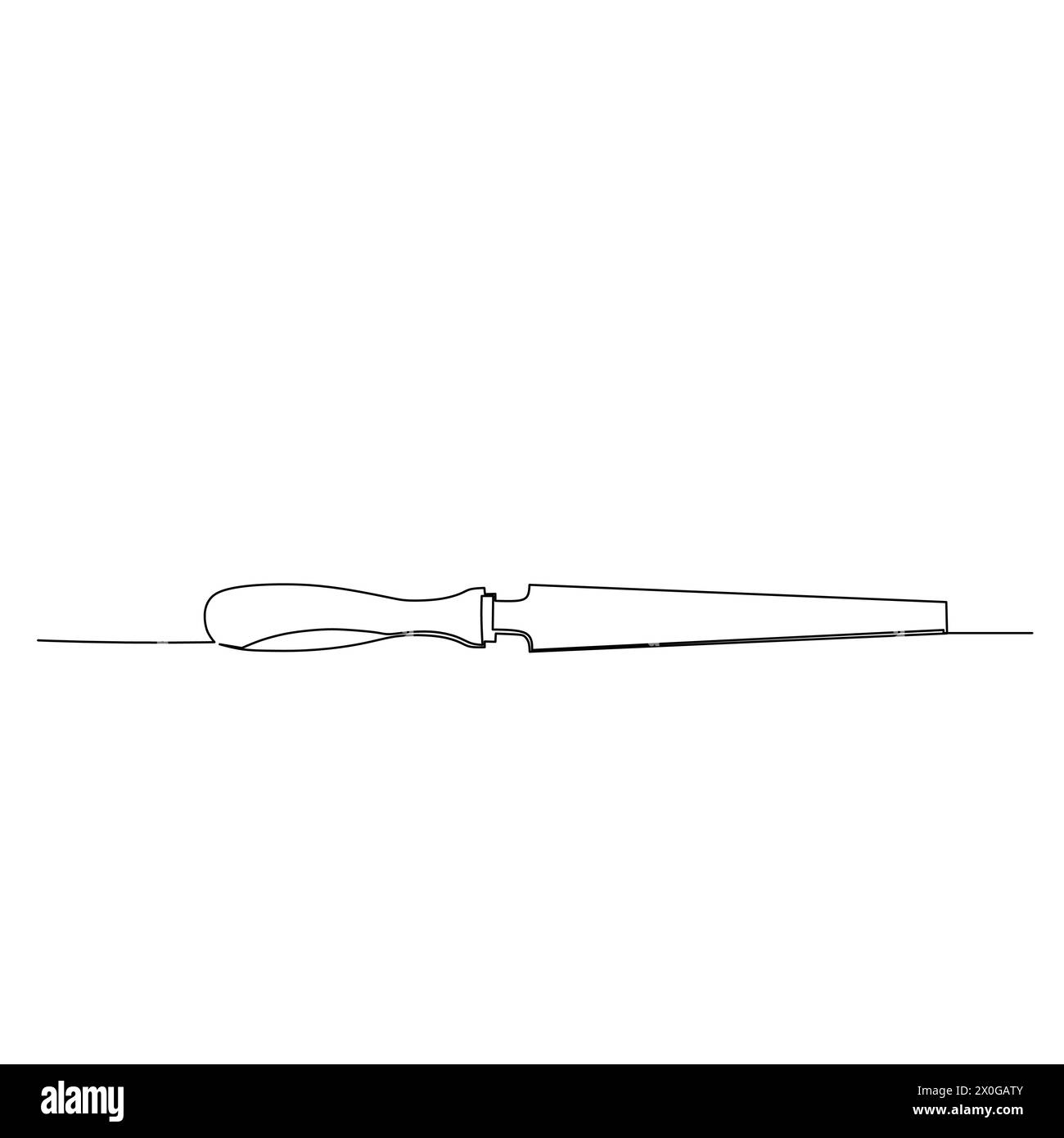 Einfache Zeichnung einer Datei. Ein Werkzeug, das kleine Materialmengen von einem Werkstück abnimmt, indem es etwas davon abnutzt. Durchgehende Linienkonstruktion von Werkzeugen f Stock Vektor