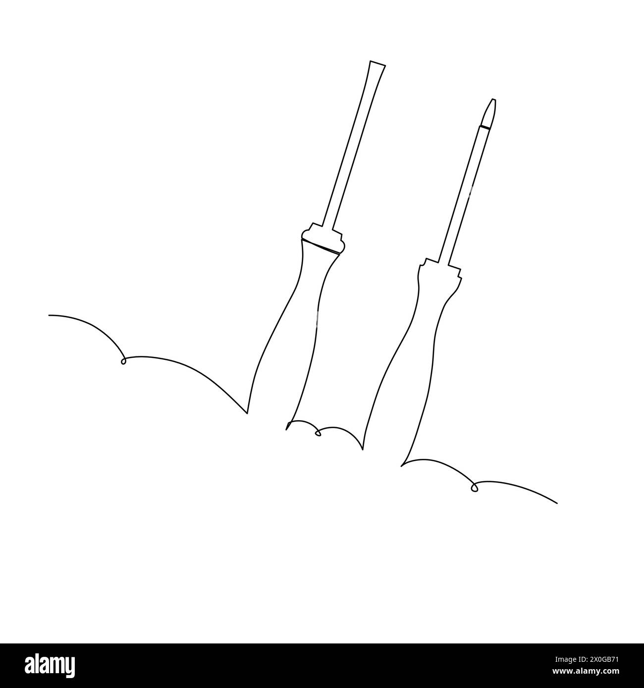 Schraubendreher. Flachkopf und Kreuzschlitzschraubendreher. Vektordesign für Industriekonzepte. Durchgehende Zeichnung mit einer Linie. Stock Vektor