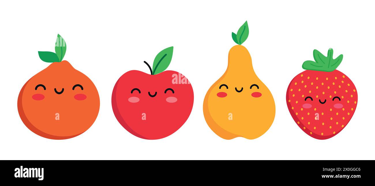 Niedliche Zeichentrickfiguren mit lächelndem Obst. Kindlicher Stil. Fruchtsymbole. Vektorabbildung Stock Vektor