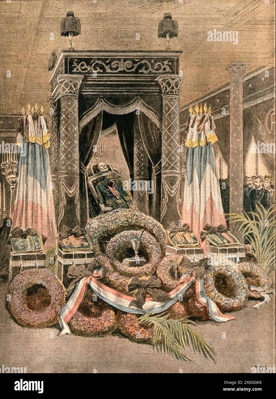 Louis Pasteur liegt im Insitut Pasteur in Paris. Lithographie von H. Meyer, 1895. Stockfoto