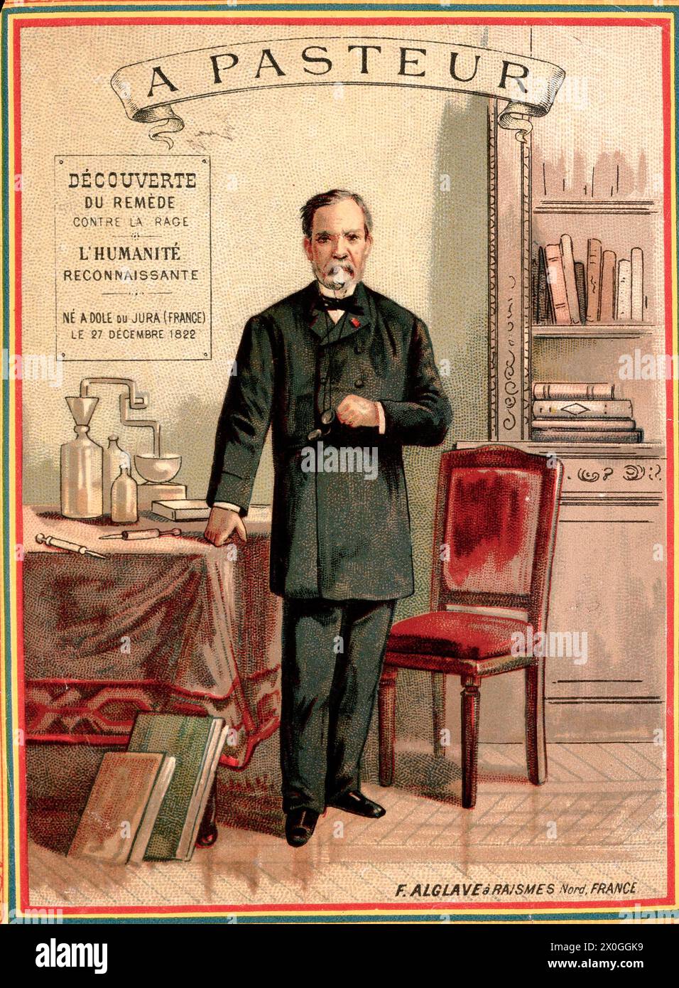 Louis Pasteur, stehend, mit Brillen, mit chemischen Apparaten und Büchern. Chromolithographie. Stockfoto