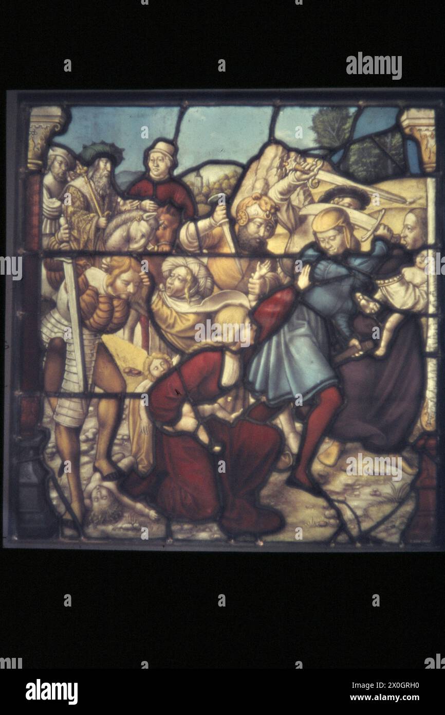Ein Glasgemälde im Stift Mariawald in Heimbach zeigt das Blutbad der Unschuldigen. [Automatisierte Übersetzung] Stockfoto