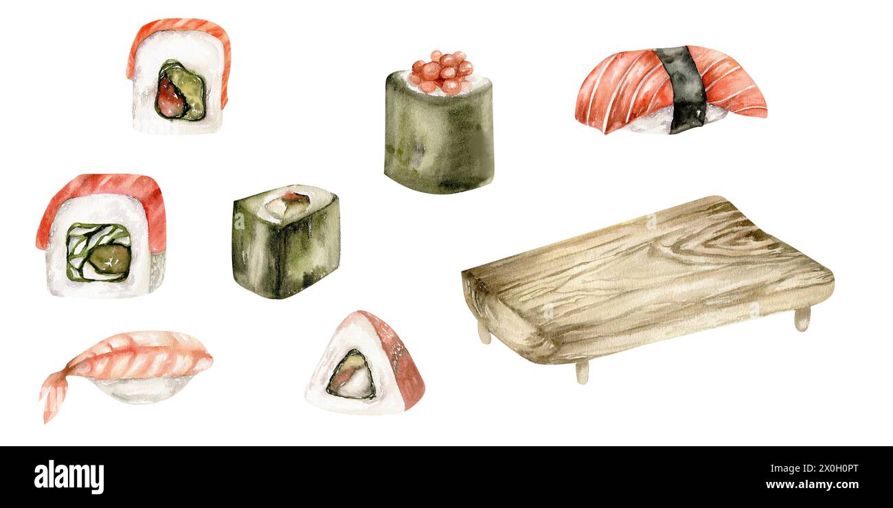 Sushi-Set mit Sashimi mit Lachs, Brötchen mit Kaviar, Sushi mit Fisch und Holzteller Aquarellillustration. Handgezeichnete Essensclips für Stockfoto