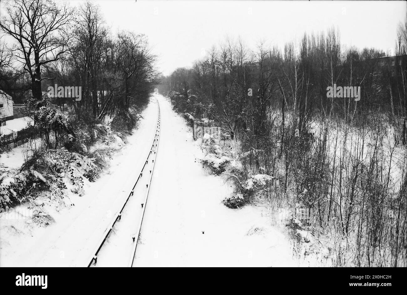 Im Winter 86/87 gab es noch stillgelegte S-Bahn-Strecken in West-Berlin. Es gab wilde Gerüchte über die Strecke nach Lichterfelde Süd, z.B. dass ein Gleisbus entfernt werden soll. Glücklicherweise liefen die Dinge anders aus [automatisierte Übersetzung] Stockfoto