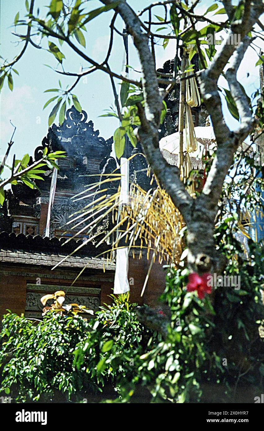 Blick auf einen Tempel auf Bali in Indonesien. Das Gebäude ist von grünen Büschen und Bäumen umgeben. Die Fassade ist rot bemalt und mit Steinreliefen verziert. Der obere Teil besteht aus schwarzem, verwittertem Stein und ist ebenfalls aufwändig verziert. Auf dem Tempel befindet sich ein weißer Sonnenschirm. Blauer Rauch steigt. Die Ansicht wird teilweise von einem kleinen Baum verdeckt. [Automatisierte Übersetzung] Stockfoto