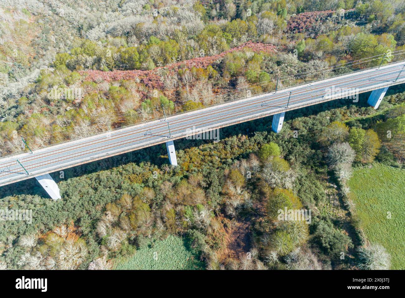 Luftaufnahme eines Viadukts der Hochgeschwindigkeitsbahn in Galicien, Spanien. Mit einer Drohne geschossen Stockfoto